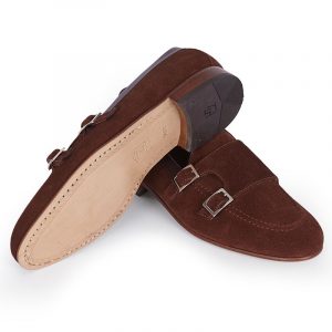 Suela de mocasines de ante marrón hombre con doble hebilla, mocasines de piel hombre